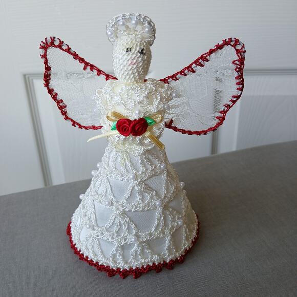 Lace Angel Tree Topper Ornament 6.5" tall handmade crochet beadwork roses - Picture 1 of 8
